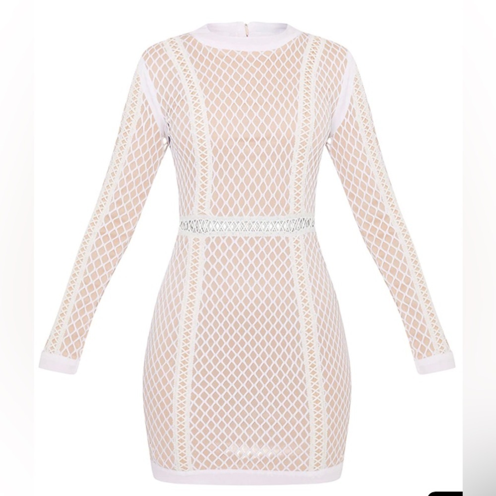 PrettyLittleThing White Lace Long Sleeve Bodycon Mini Dress